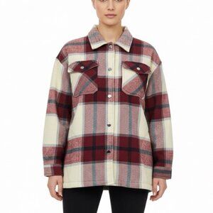 HFX Womens Red Beige Polyes/Wool Long-Sleeve Plaid Button Up Shirt Jacket  Sz L